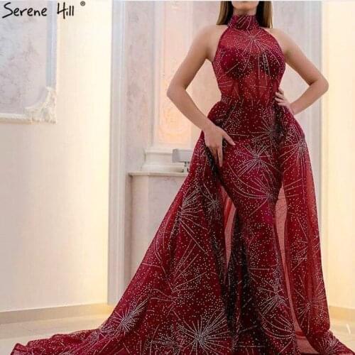 Dubai Luxury Wine Red Sparkle Prom Dresses Design 2020 High Collar Sexy Vintage Prom Gowns Real Photo BLA60744