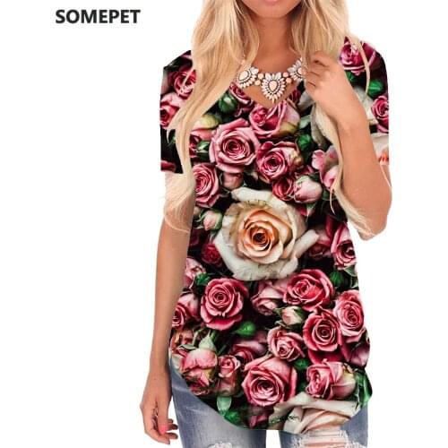 SOMEPET Rose flower T Shirt Women Leaf Shirt Print Cool Tshirts Printed Art V-neck Tshirt Womens Clothing Hip hop Casual Tops