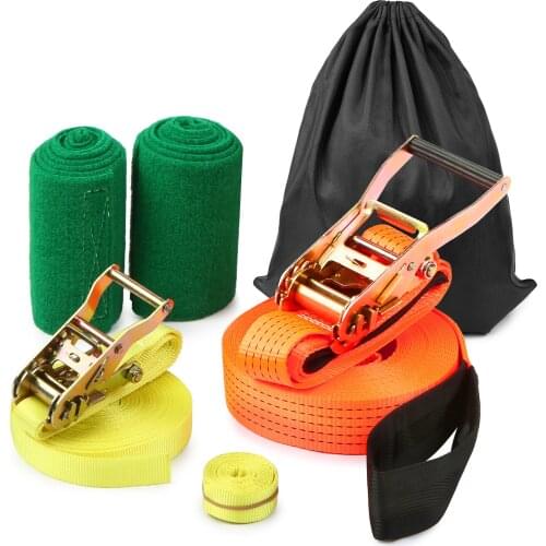 Balance Training 49ft Slackline Kit with Training Line Arm Trainer Tree Protectors Ratchet Gloves Outdoor Backyard Family Fun