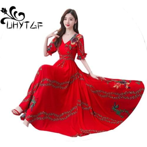 UHYTGF Spring dress womens fashion printed beach long dress temperament casual plus size dresses V-neck slim elegant dresses 807