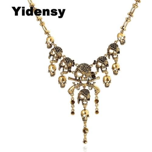Yidensy Vintage Pirate Skeleton Skull Necklaces Halloween Long Chain Retro Metal Bib Pendants Necklace Punk Statement Jewelry