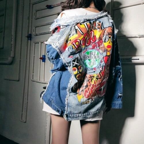 Long Sleeve Bomber Jackets Casual Spring Autumn 2021 Vintage Funny Print Jean Coat Women Patchwork Short Denim Jacket Female