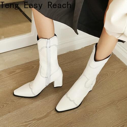 Black White Women Knee High Boots Pointed Toe Square High Heel Ladies Western Boots Short Plush Autumn Winter Womens Boots 2021