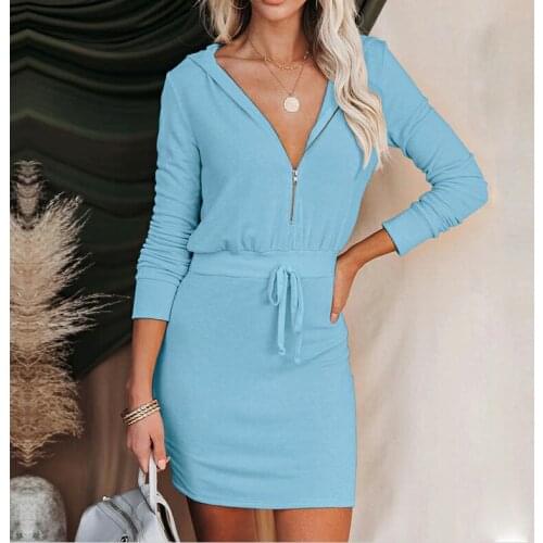 2021 Ladies Hoodie Dress, Casual Long Sleeve Zipper Slim Mid-length Sweatshirt Dress