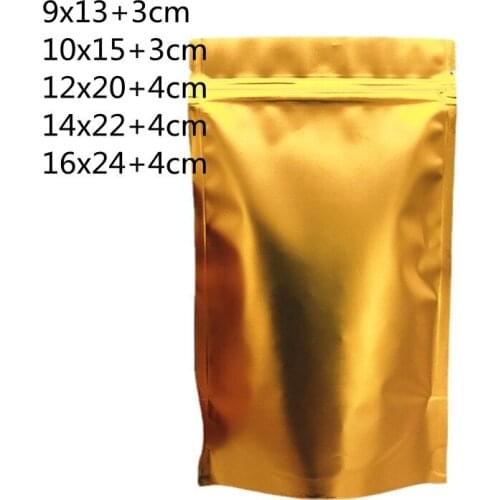 100Pcs/lot Gold Stand Up Plating Aluminium Foil Ziplock Bag Resealable Food Storage Bags Self-Supporting Ziplock Bag