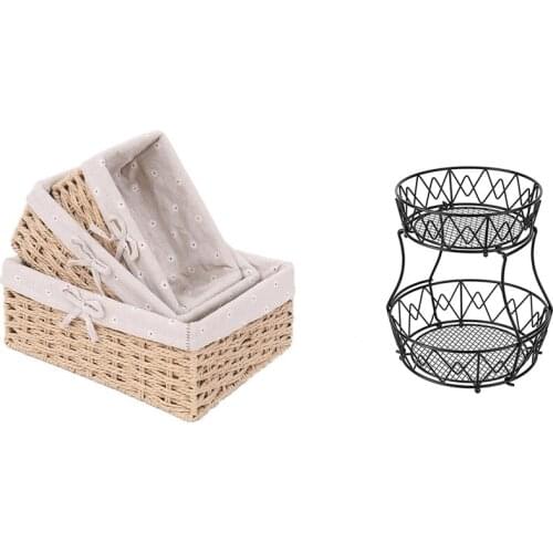 1X Tiered Fruit Bowls Orange Storage Stacking & 3Pcs Handmade Rattan Storage Baskets S M L