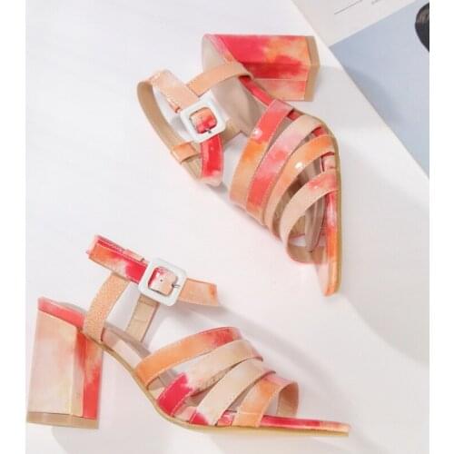 2020 Fashion High-heeled Shoes Rainbow Color Versatile Coarse Heel Sandals Four Seasons