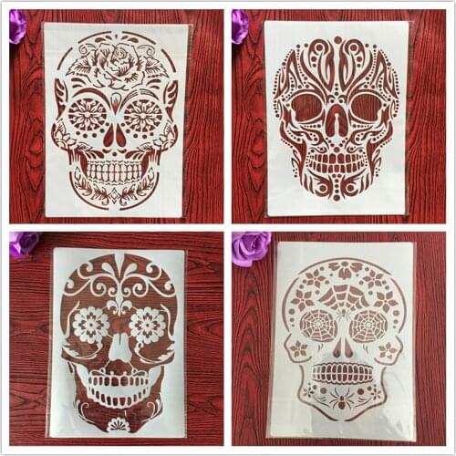 4pcs / set A4 Stencils Painting Coloring Embossing Scrapbook Album Decorative Template for walls skull stencil plastic