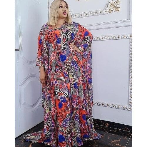 African Dress For Women Fashion Chiffon Print Wide Leg Pants Two-piece Set Bazin Dashiki Africaine Clothes Ladies Matching Sets