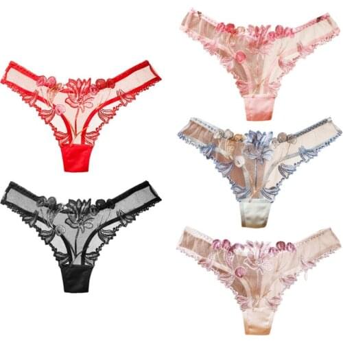 Women Sexy Hollow Out See Through Mesh G-String Lingerie Low Waist T-Back Thongs Underwear Floral Lace Embroidered Panties Brief