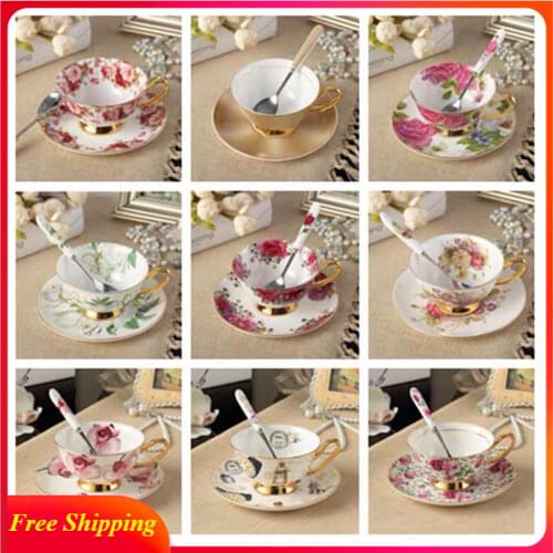Europe Noble Bone China Coffee Cup Saucer Spoon Set 200ml Luxury Ceramic Mug Top-grade Porcelain Tea Cup Cafe Party Drinkware
