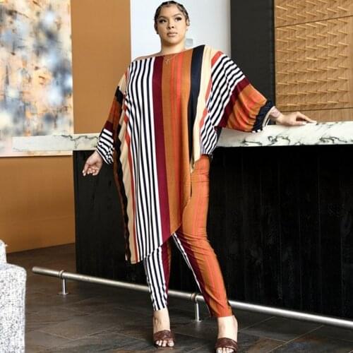 2 Pieces Set Sexy Autumn Fashion Women Set Female Tops Stripe Print Long Sleeve Cardigan Bodycon Stripe Pants 4XL 3XL Plus Size