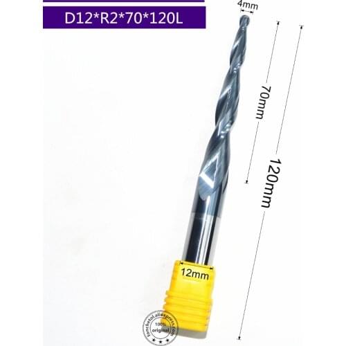 HRC55 solid carbide D12*R2*70*120L TiALN Coated Taper Ball Nose End Mill,cone milling cutter,Spherical woodworking router bit