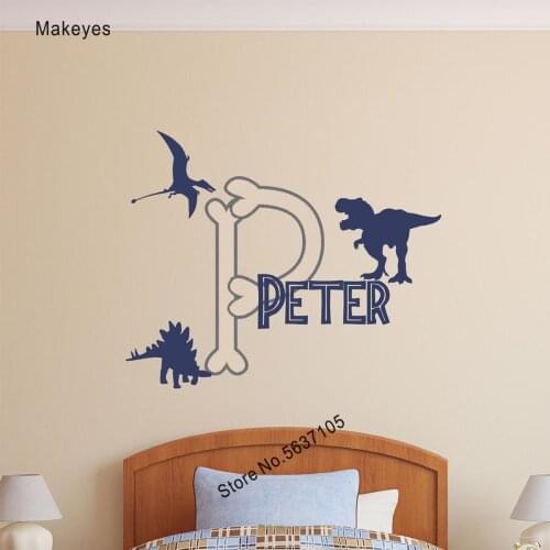 Makeyes Custom Name Dinosaur Wall Stickers Home Kids Bedroom Wall Decor Vinyl Design Art Design Personalized Name Art Mural Q717