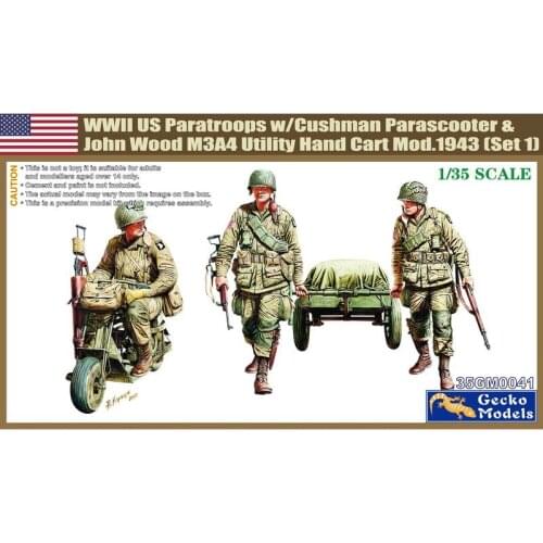Gecko Models 35GM0041 1/35 WWII US Paratroops w/Cushman Parascooter & John Wood M3A4 Utility Hand Cart - Scale Model Kit