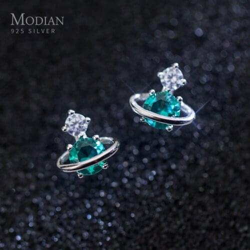 Modian Exquisite Planet Stud Earrings for Girl Green Crystal Ear Studs 925 Sterling Silver Anti-allergy Jewelry for Kids Women