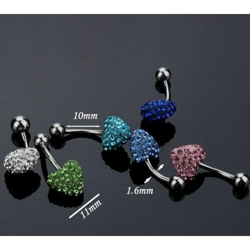 Fashion Sexy Crytal Heart Belly Button Rings Navel Piercing Jewelry Surgical Steel Anti-allergic 1.6x10x11mm Nobril Ombligo
