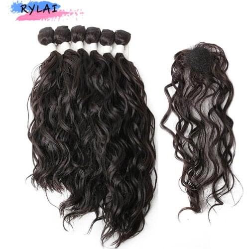 Natural Wave Hair Bundles With Closure Synthetic Extensions 7Pcs/Pack 14'' 16'' 18'' Inches Off Black Dark Brown Heat Resistant