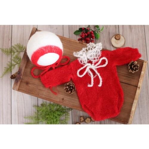 Christmas clothes Newborn long sleeve romper Crochet mohair hat bonnet Knit baby pant outfit Newborn photography props