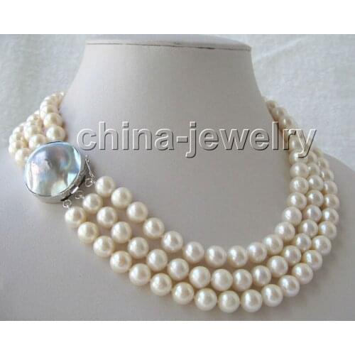 P2768 - AAAA3row 17-19" 10mm natural white round freshwater pearl necklace - 925