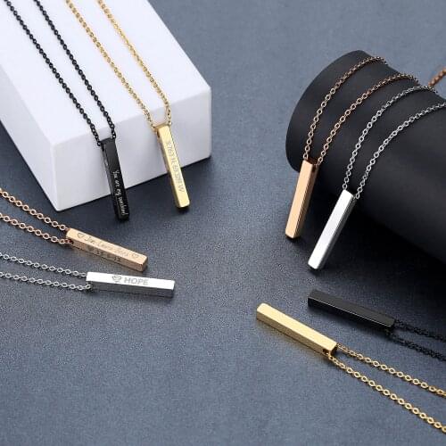 Personalized Vertical Bar Four Sides Engraved Name Necklace Stainless Steel 3D Bar Custom Jewelry DIY Name Pendant For Women/Men
