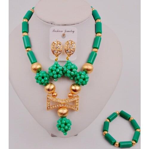 Latest Cyan Green African Necklace Nigerian Wedding Beads Costume Jewelry Set SJZQ5-4