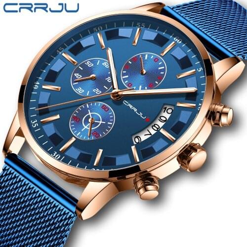 Top Luxury Brand CRRJU Men Watch Fashion Multi-function Chronograph Mesh Band Wristwatch Casual Sport Waterproof Calendar Clock