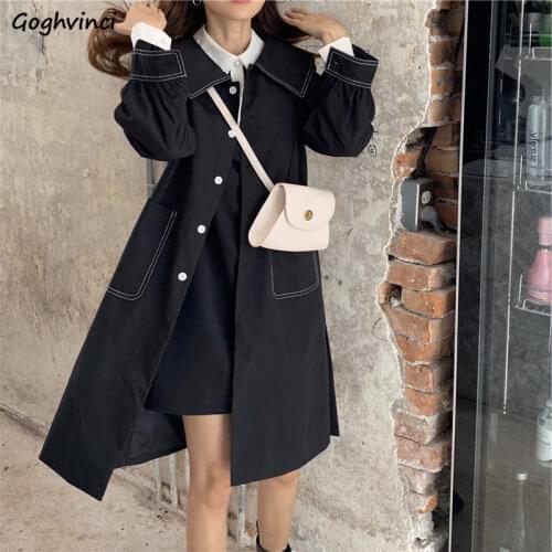 Trench Coat Women Casual Black Autumn Slim Simple Retro Vintage Long Coats Daily Streetwear Chic Korean Fashion Outwear Ulzzang