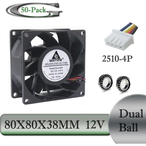 50Pcs Gdstime 12V Two Ball Bearing PC DC Cooling Fan 80x80x38mm 4Pin 4 Wires 8038 8cm Brushless Cooler Fan 80mm 24 Volt