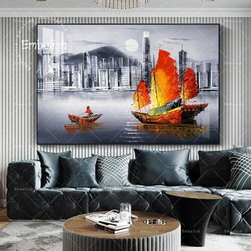 Victoria Harbor, Hong Kong Cityscape Wall Posters For Living Room HD Print Canvas Oil Painting Home Decor Pictures