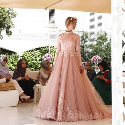 Robe De Mariee Vintage Muslim Gown Pink Lace Long Sleeves High Neck Wedding Party Dress vestido de noiva praia