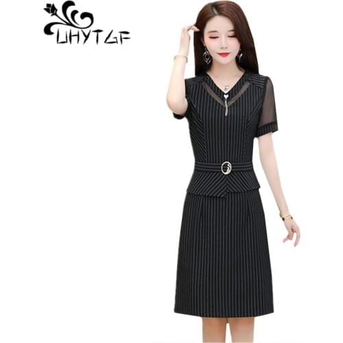 UHYTGF elegant dress women 2020 Fashion striped casual summer dress women V-neck short sleeve temperament plus size dresses 1563