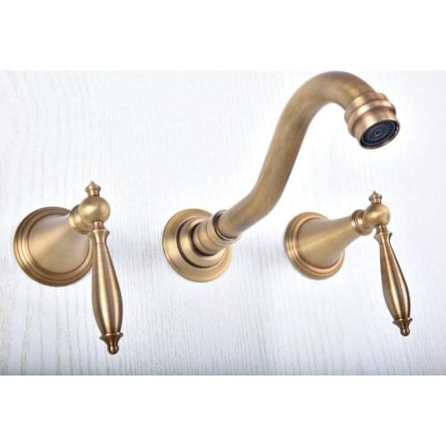 Antique Brass Widespread Wall-Mounted Tub 3 Holes Dual Levers Handles Kitchen Bathroom Tub Sink Basin Faucet Mixer Tap asf514
