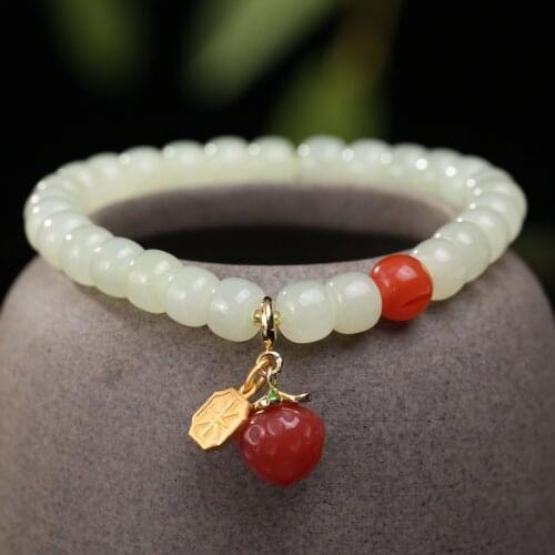 Old Type Beads Xinjiang Hetian Jade Bracelets for Women Girls South Red Strawberry Light Luxury Pendant Jewelry