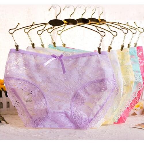 Breathable Ladies Underwear Sexy Translucent Jacquard Bowknot Hollow Lace Mid-Waist Briefs