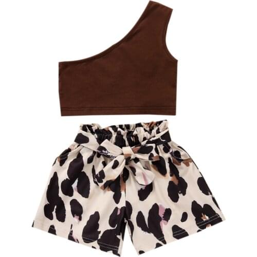 FOCUSNORM 2-6Y Summer Fashion Kids Girls Clothes Sets One Shoulder Sleeveless Vest Tops Leopard Printed Shorts