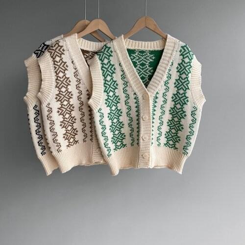 HXJJP Autumn 2021 Retro Contrast Loose Sleeveless Sweater Cardigan Womens V-neck Snowflake Jacquard Knitted Vest