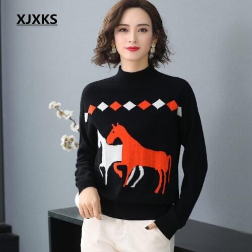 XJXKS Beautiful Turtleneck Sweater Women 2020 Autumn Winter 100% Wool Pullover Sweater Female Knitted Tops Ladies Horse Jumper