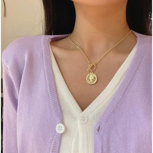 LOVOACC Vintage Head Portrait Coin Pendant Necklaces for Women Femme Gold Color Link Chain Toggle Clasp Circle Chokers Necklace