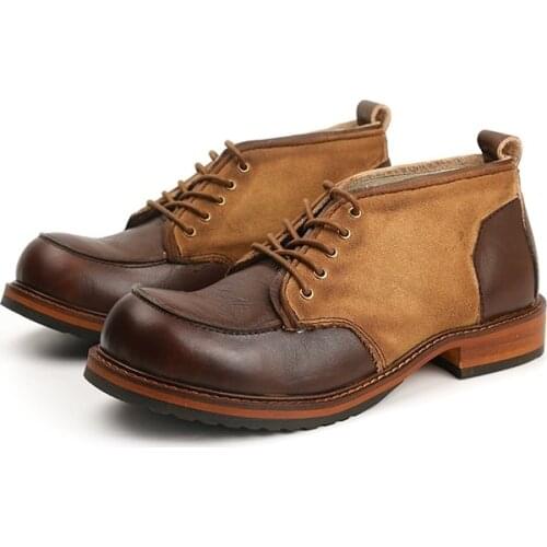 Spring Autumn Vintage Fashion Men Boots Handmade Real Leather Round Toe Dress Ankle Boots Canvas Motorcycle Boots Tooling Shoes