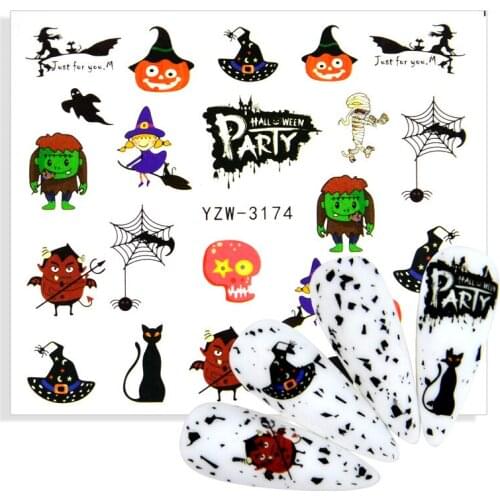Halloween Nail Decals Horror Scared Witch Transfer Stickers Paper Pumpkin Spider Skull Nails Art Adhesive Slider DIY Decor