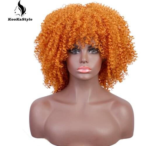 Synthetic Short Bob Hair Afro Kinky Curly Wigs with Bangs for Black Women Orange Cosplay Wigs Afro Glueless Halloween Party Hair