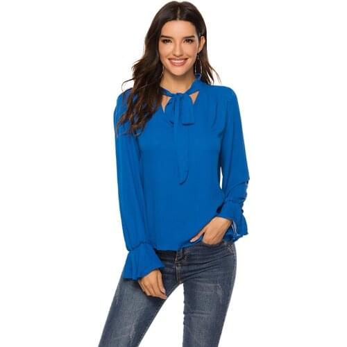 Autumn Ladies Blouse Lantern Sleeve Workwear Loose Solid Color V Neck Top Bow Tie Contrast Fashion Chiffon Long Sleeve Blouse