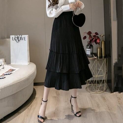 2021 New Autumn Women Chiffon Long Skirt Korean Fashion Elastic High Waist Pleated Skirts Ladies Elegant Ruffled Midi Skirt