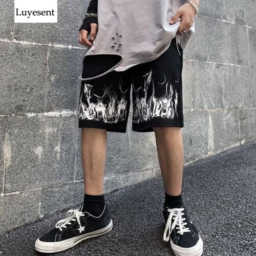 Black Women Fire Printed Cool Street Knee Length Pants 2021 Summer Unisex Elastic Waist Streetwear Rock Harajuku Short Trousers