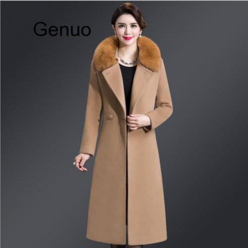 Women Lapel Collar Medium Length Jackets Female Thicken Autumn Winter Solid Color Elegant Double Breasted Fur Woolen Coats
