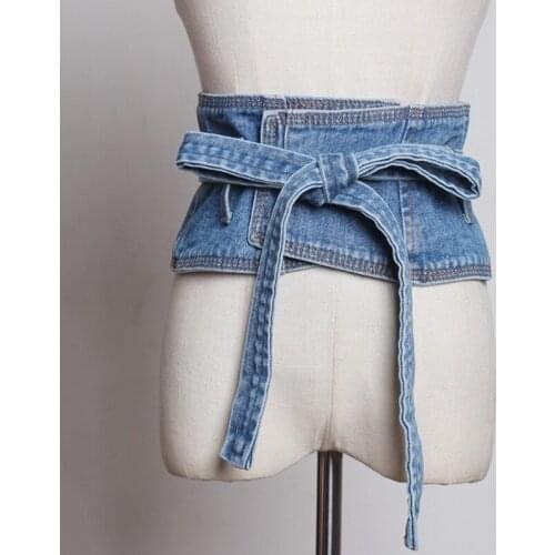 SeeBeautiful New Fashion 2020 Summer Autumn Blue Lace-up Bow Long Wide Belts Splice Irregular Denim Girdle Women Y551