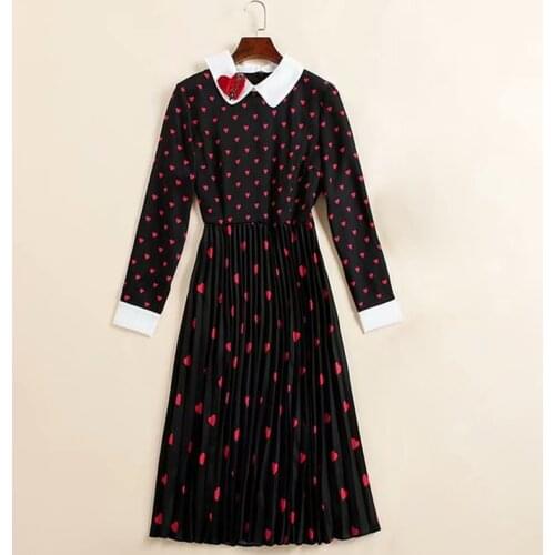 QUALITY Newest HIGH Fashion 2021 Runway Dress Womens Peter pan Collar Long Sleeve Heart Print Dress