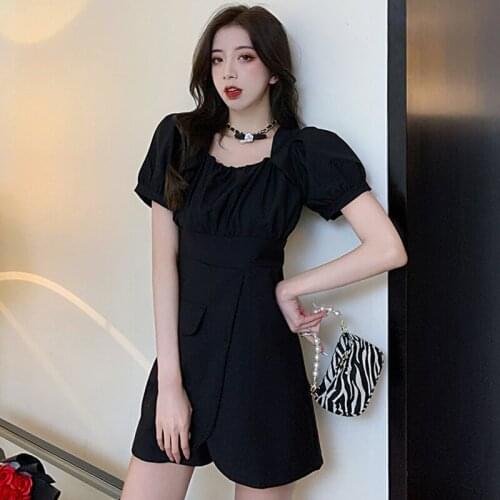 Fashion Summer Korean Vintage Puff Sleeve Mini Party Dress Ladies Elegant Casual Square Collar Fake Two Vacation Dress Culottes