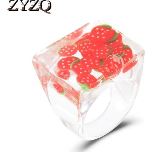 ZYZQ Summer Fresh Strawberry Ring For Women Acrylic Geometric Transparent Resin Colorful Rings Birthday Jewelry Gifts 2021